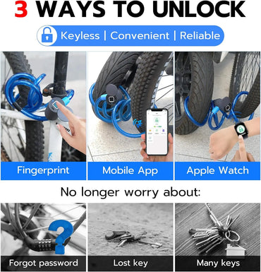 Fingerprint Cable Lock, 4.9FT Heavy Duty Anti-Theft Smart Bike Lock, Keyless Biometric Bluetooth App Lock for Bicycle Scooter