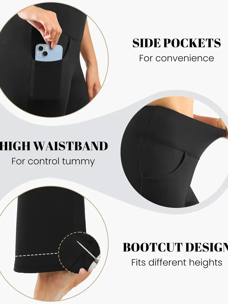 3-Pack Women's Solid Skinny Black Flare Leg Pants,High Waist Stretch Flared Pants, Sports Yoga Pants Compression Leggings