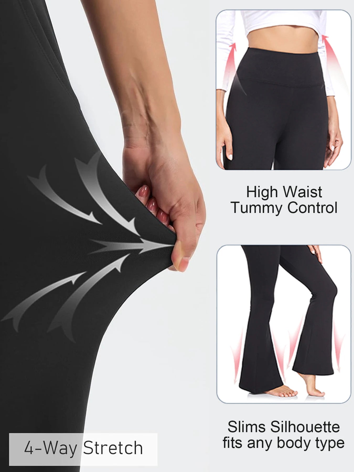3-Pack Women's Solid Skinny Black Flare Leg Pants,High Waist Stretch Flared Pants, Sports Yoga Pants Compression Leggings
