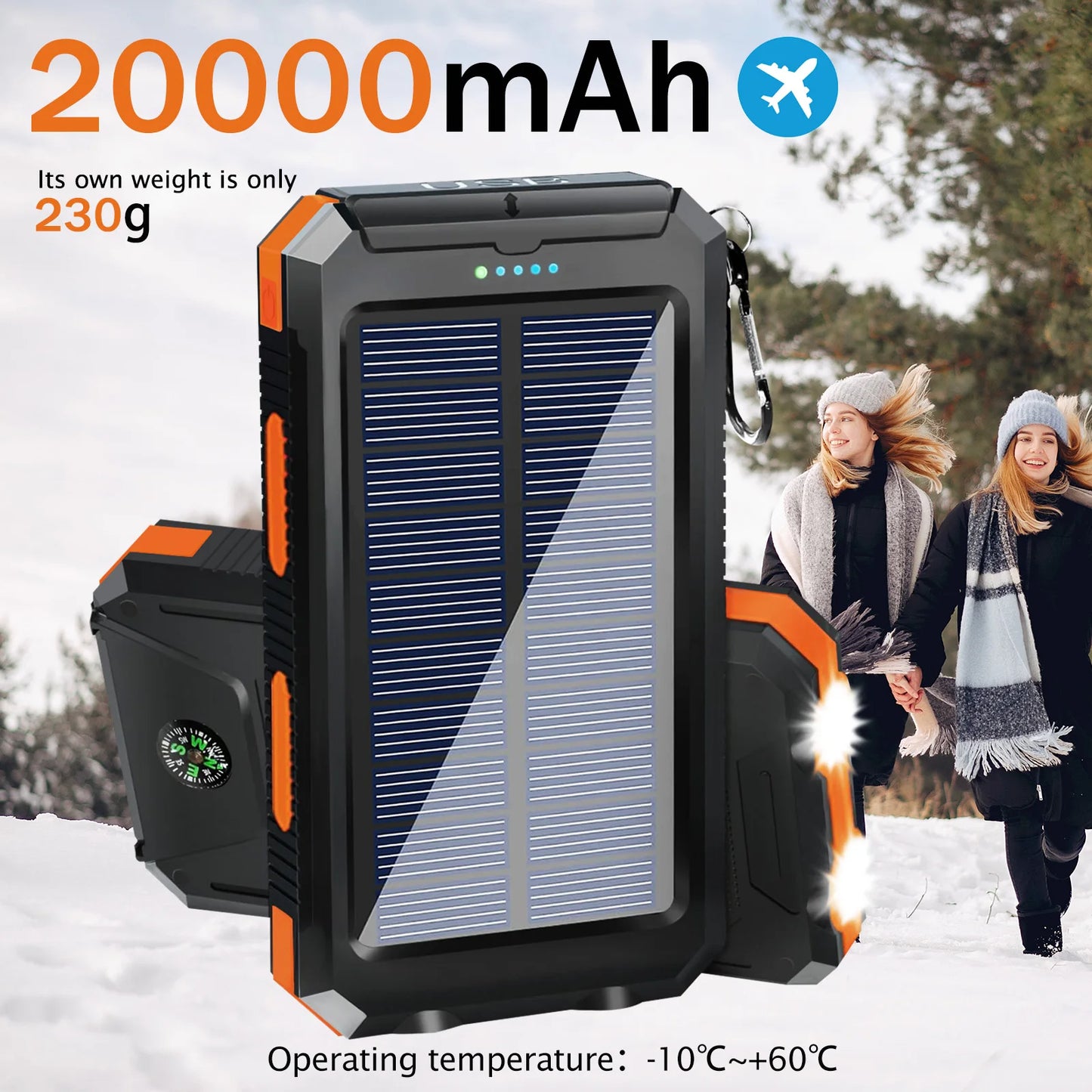 20000mAh Solar Charger Waterproof Portable Solar Power Bank Dual 5V USB Ports 2 LED Flashlight Compass for Outdoor Camping Hik