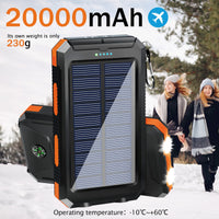20000mAh Solar Charger Waterproof Portable Solar Power Bank Dual 5V USB Ports 2 LED Flashlight Compass for Outdoor Camping Hik