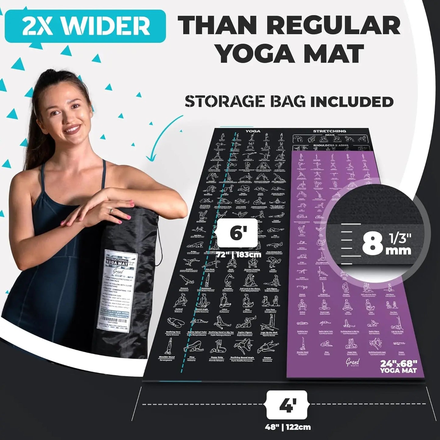 Extra-Large Yoga Mat with Printed Poses - 6x4 Feet, Non-Slip, Includes Carry Bag