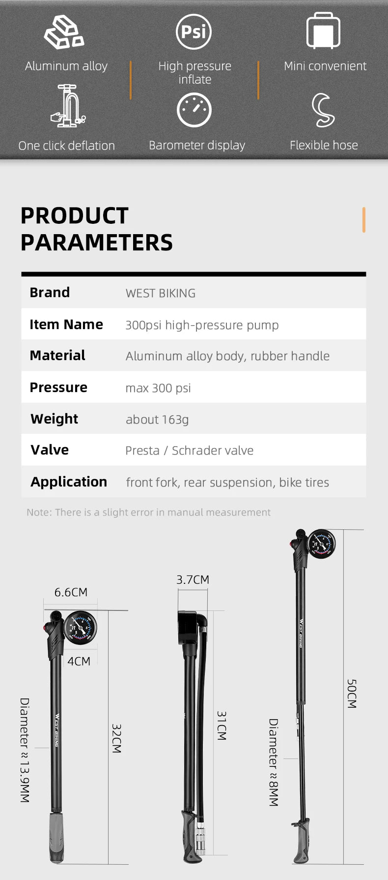 WEST BIKING Portable High-pressure 300psi Bike Air Pump with Gauge for Fork & Rear Suspension Shock Absorber Mountain Bicycle