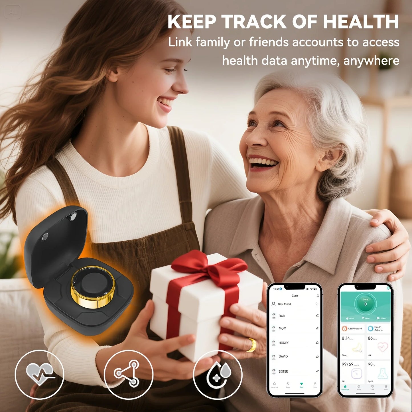 Smart Ring Men Women with Charging Case,Heart Rate Blood Oxygen,Skin Temperature Monitor,5ATM Waterproof for Android IOS