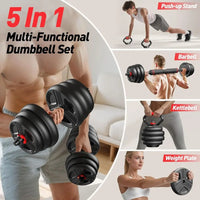Versatile 5-in-1 Adjustable Dumbbell Set: 20-90lbs, Upgraded Nut, Kettlebell, Bar, Push Up Stand for Fitness Enthusiasts