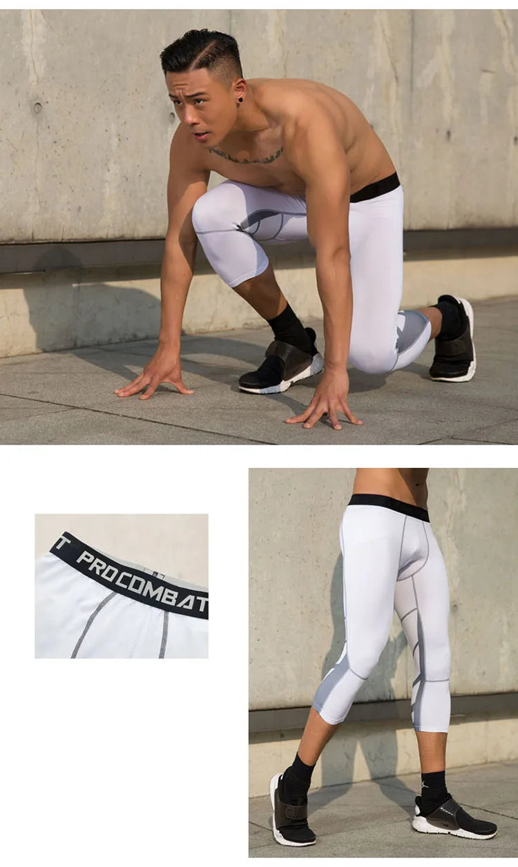 Men's Sports 3/4 Cropped Pants Gym Running Leggings Male Joggings Elastic Compressions Sweatpant Football Basketball Trousers