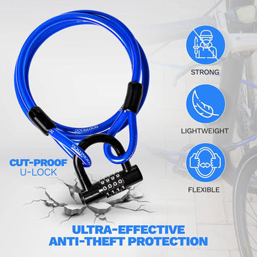 Security Cable Lock Set, 5ft-25ft, Weatherproof Keyless U-Lock with Combination, Anti-Theft for Bikes & Equipment