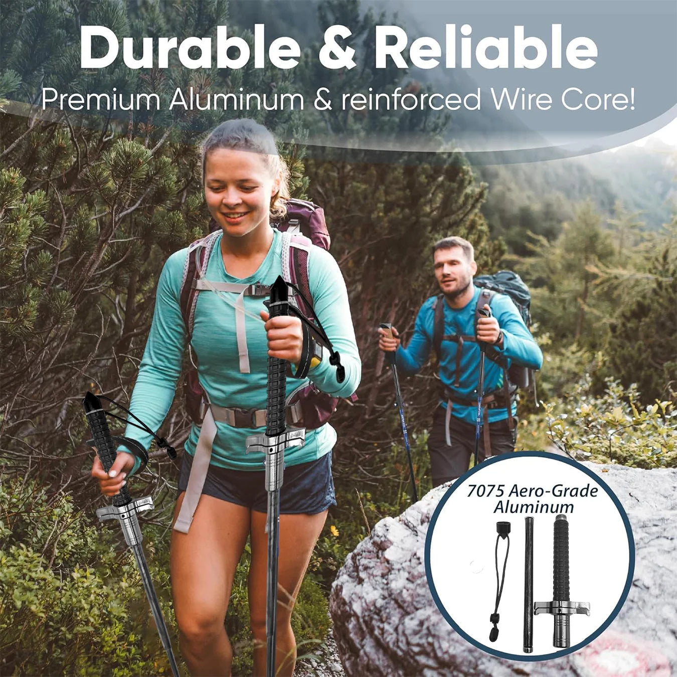 26-37-inch telescopic stainless steel walking stick with anti-slip design, suitable for challenging outdoor terrain and offering