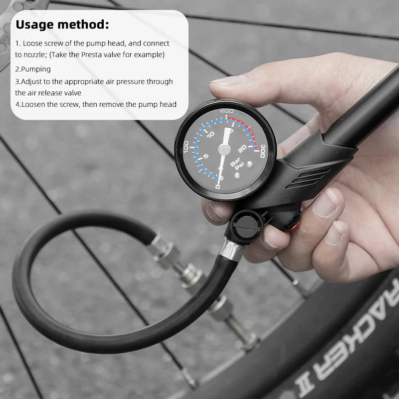 WEST BIKING Portable High-pressure 300psi Bike Air Pump with Gauge for Fork & Rear Suspension Shock Absorber Mountain Bicycle
