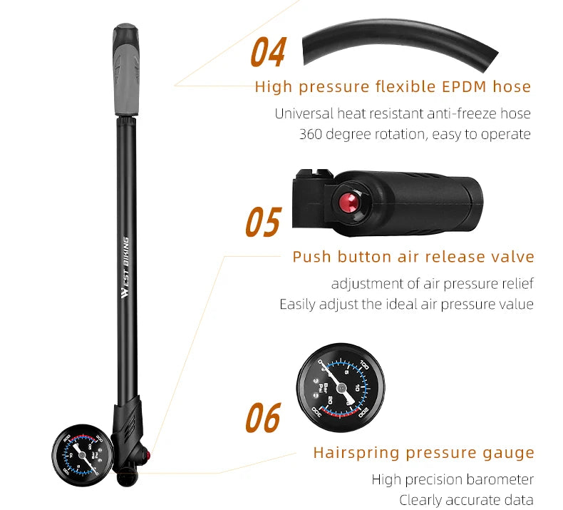 WEST BIKING Portable High-pressure 300psi Bike Air Pump with Gauge for Fork & Rear Suspension Shock Absorber Mountain Bicycle