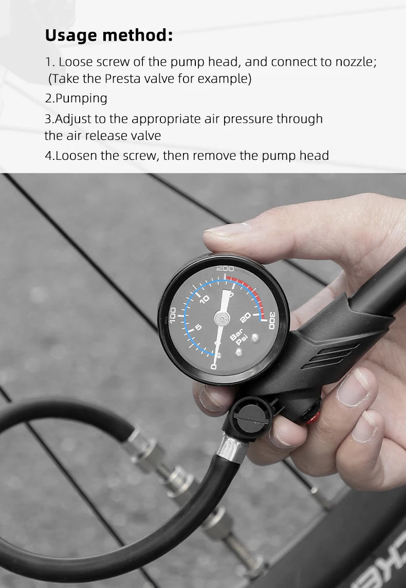 WEST BIKING Portable High-pressure 300psi Bike Air Pump with Gauge for Fork & Rear Suspension Shock Absorber Mountain Bicycle