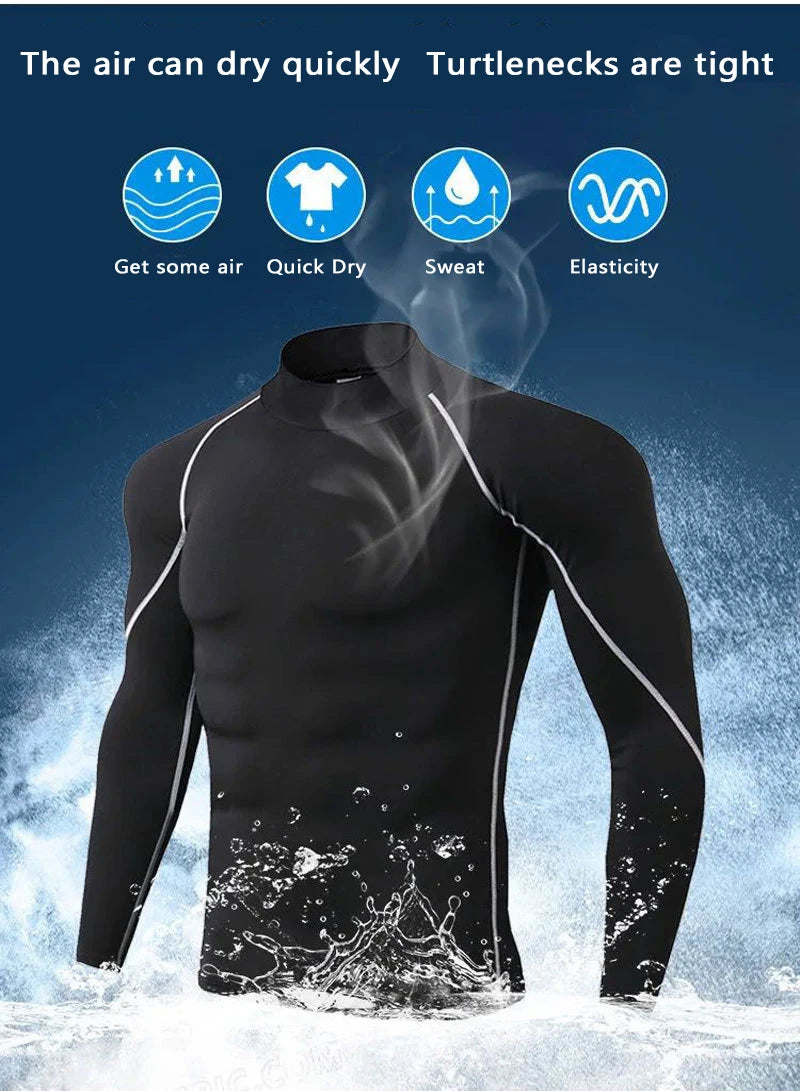 Y2K Men's Turtleneck Compression Shirt Quick Gym Fitness Dry Rash Guard Hight Neck Muscle Athletic Bodybuilding Shirts Summer