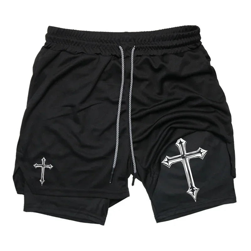 Men's cross printed 2-in-1 training shorts with compression lining Christian gym sports shorts phone pocket towel buckle run