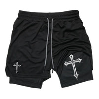 Men's cross printed 2-in-1 training shorts with compression lining Christian gym sports shorts phone pocket towel buckle run