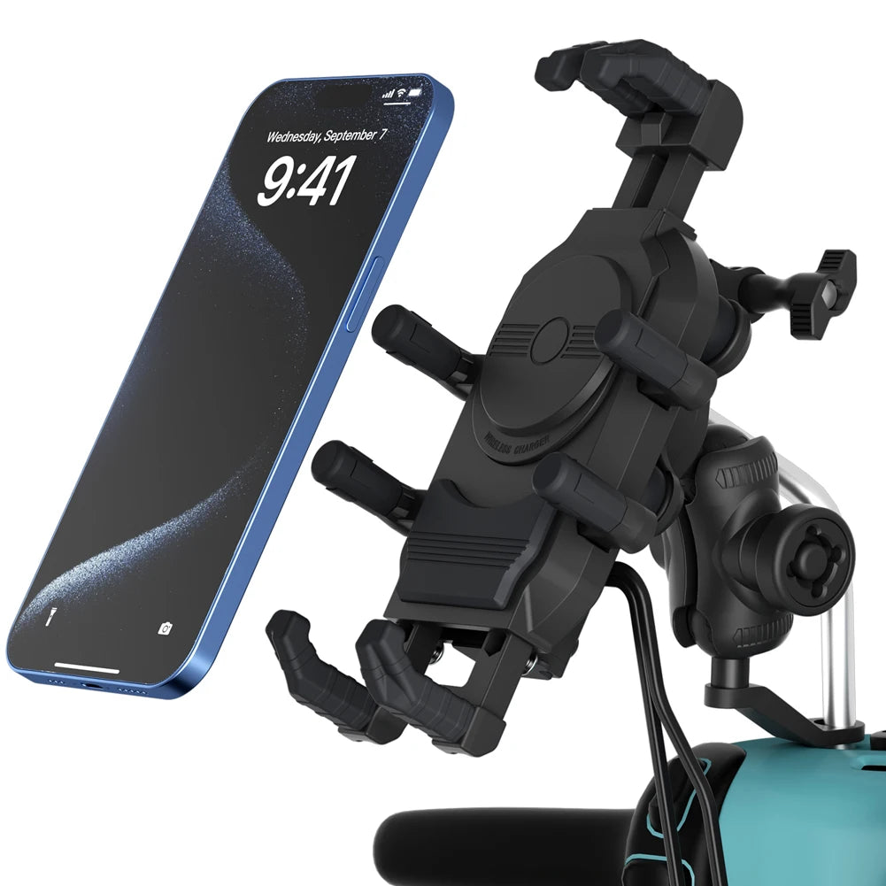 Motorcycle Phone Holder 15W Wireless Charger Shockproof Fast Charger Stand Anti-Theft Smartphone Handlebar Mount Waterproof