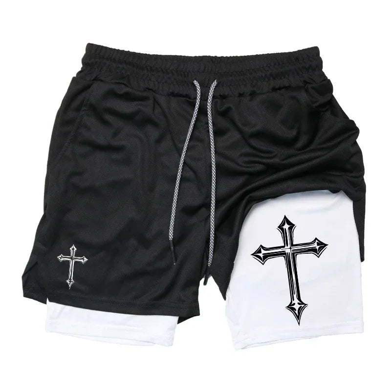 Men's cross printed 2-in-1 training shorts with compression lining Christian gym sports shorts phone pocket towel buckle run