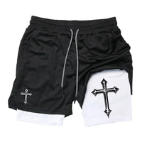 Men's cross printed 2-in-1 training shorts with compression lining Christian gym sports shorts phone pocket towel buckle run