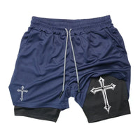 Men's cross printed 2-in-1 training shorts with compression lining Christian gym sports shorts phone pocket towel buckle run