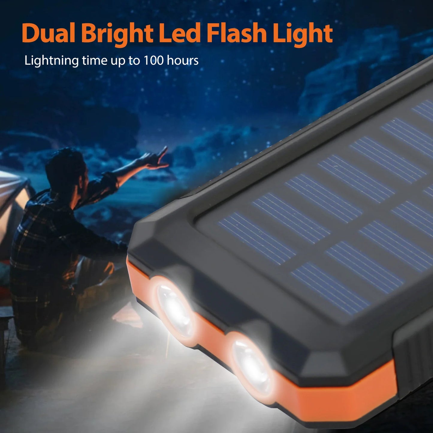 20000mAh Solar Charger Waterproof Portable Solar Power Bank Dual 5V USB Ports 2 LED Flashlight Compass for Outdoor Camping Hik