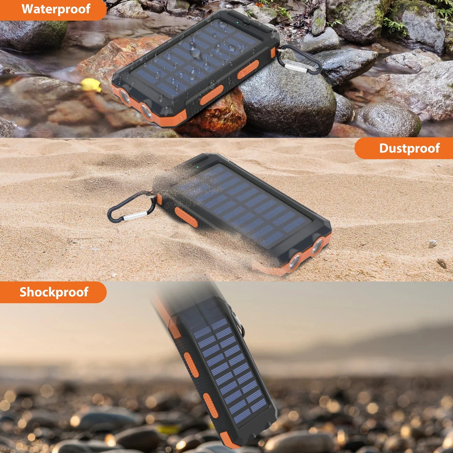 20000mAh Solar Charger Waterproof Portable Solar Power Bank Dual 5V USB Ports 2 LED Flashlight Compass for Outdoor Camping Hik