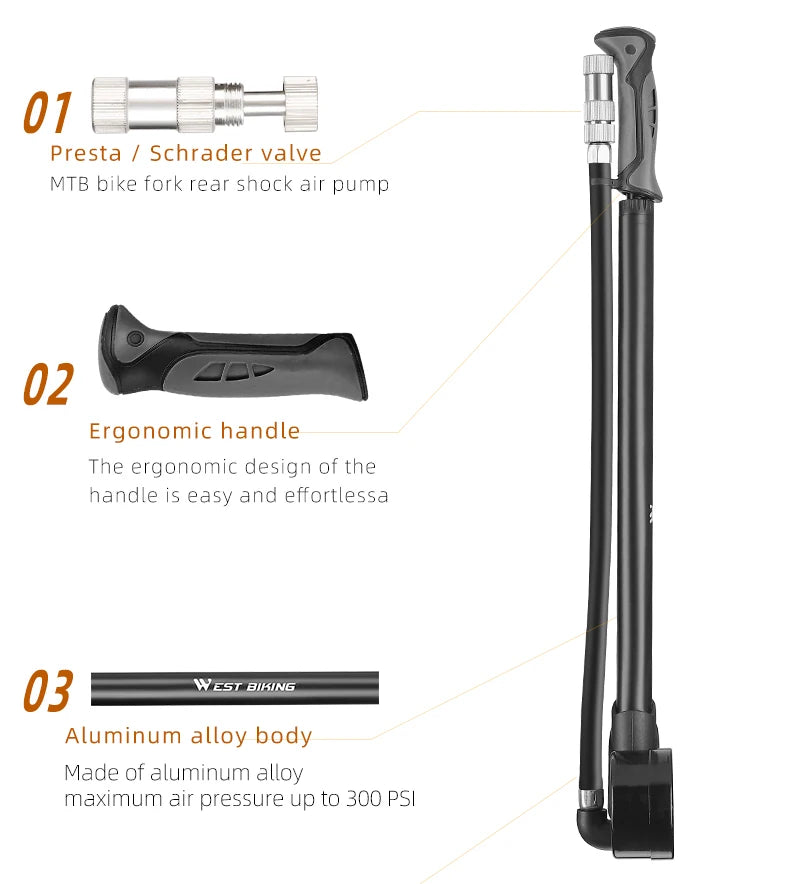 WEST BIKING Portable High-pressure 300psi Bike Air Pump with Gauge for Fork & Rear Suspension Shock Absorber Mountain Bicycle
