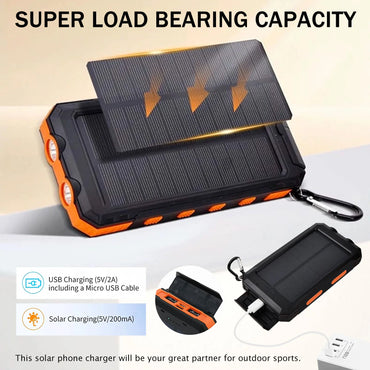 20000mAh Solar Charger Waterproof Portable Solar Power Bank Dual 5V USB Ports 2 LED Flashlight Compass for Outdoor Camping Hik