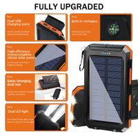 20000mAh Solar Charger Waterproof Portable Solar Power Bank Dual 5V USB Ports 2 LED Flashlight Compass for Outdoor Camping Hik