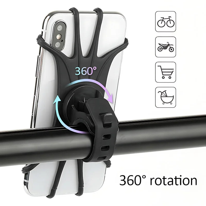 Silicone Phone Holder with 360° Rotation, Universal Mount for Bikes/Strollers (4.0-6.5 inch)