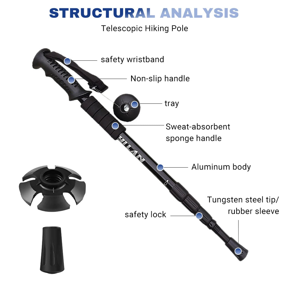 Trekking Poles Aluminum Alloy Telescopic Walking Hiking Stick Nordic Anti-shock Adjustable Crutch Outdoor Climbing Equipment