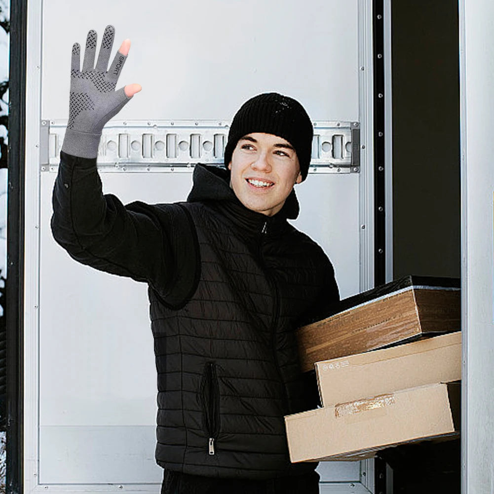 2-Fingerless Winter Cycling Gloves Touch Screen Outdoor Anti-Slip Gloves Windproof Motorcycle Cold Gloves for Men Women