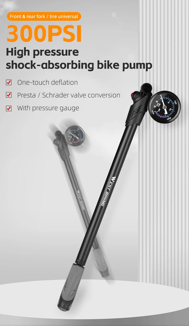 WEST BIKING Portable High-pressure 300psi Bike Air Pump with Gauge for Fork & Rear Suspension Shock Absorber Mountain Bicycle