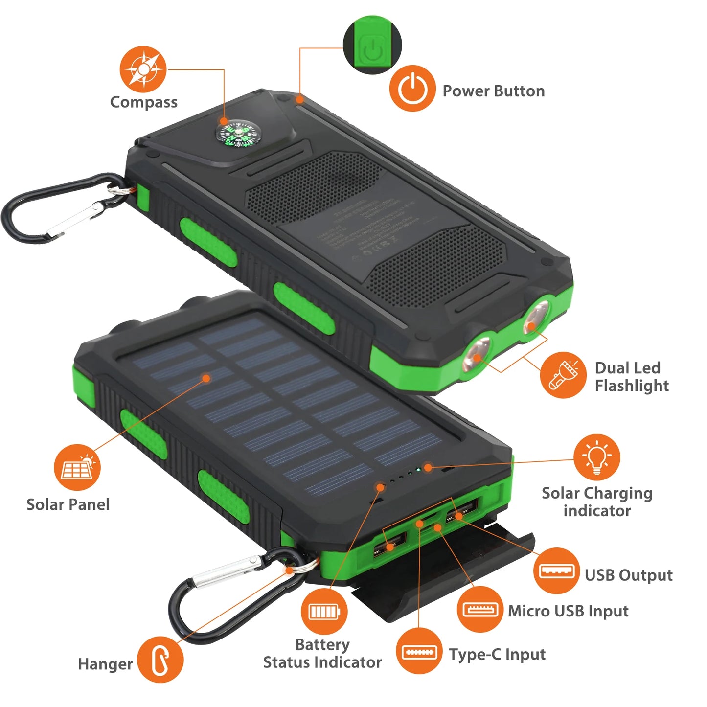 20000mAh Solar Charger Waterproof Portable Solar Power Bank Dual 5V USB Ports 2 LED Flashlight Compass for Outdoor Camping Hik