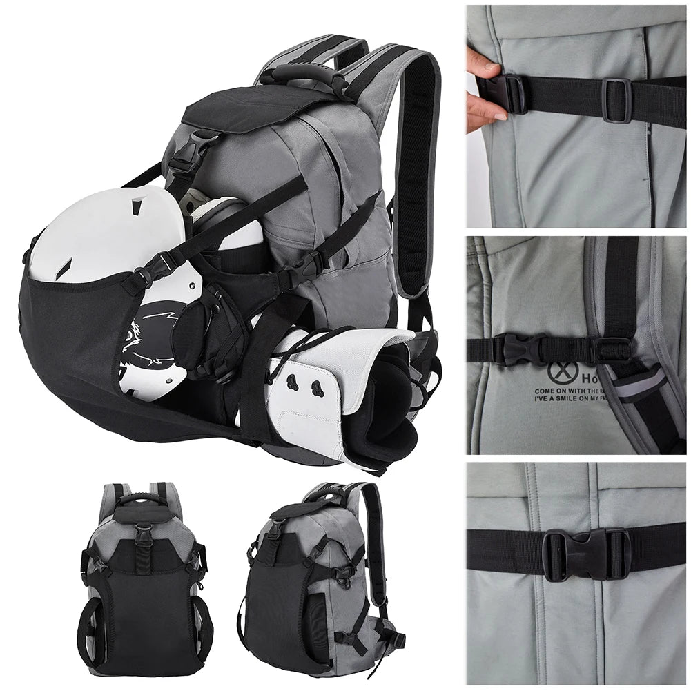30L Skiing Boot Backpack with Adjustable Fastening Straps Skating Helmet Bag Waterproof Ski Storage Backpack Skiing Accessories