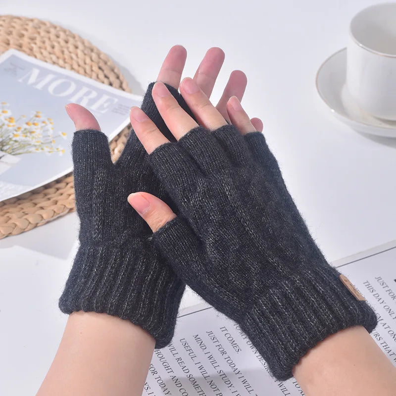 Winter Fingerless Gloves Knitted Thicken Thermal Half Finger Gloves Cycling Driving Working Running Stretchy Touchscreen Mittens
