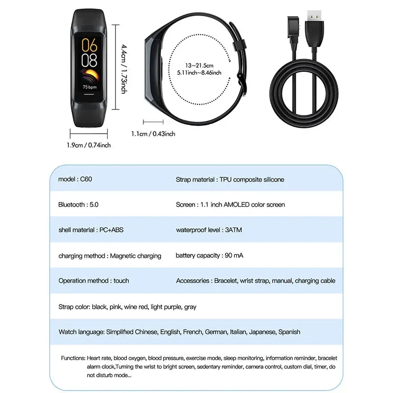 Amoled Smart Watch Smartwatch Band Women Men Heart Rate Blood Oxygen Waterproof Connected Smart Bracelet Sport Fitness Tracker