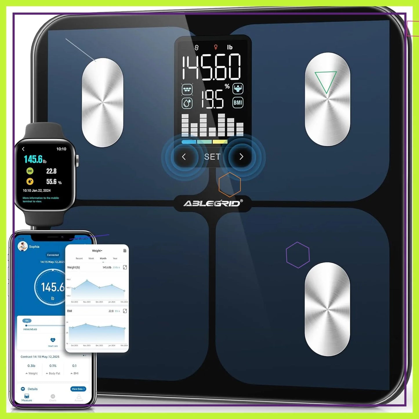 Smart Digital Body Fat Scale with LED Display, BMI & Muscle Mass Tracking, 400lb Capacity, App-Free Mode for Home Use