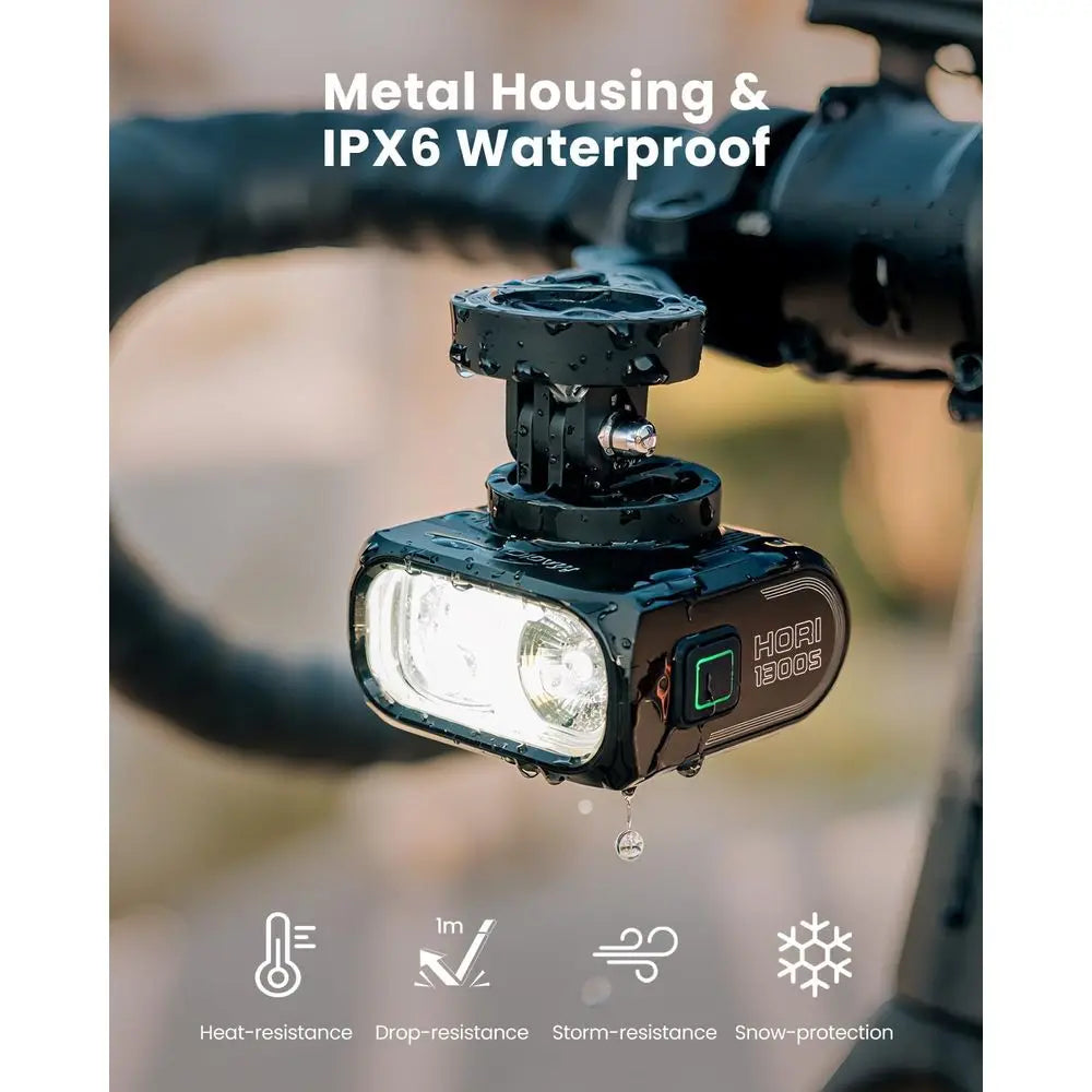 1300 Lumens USB-C Rechargeable Bike Headlight, Waterproof IPX6, Compatible with Garmin/Wahoo for Night and Urban Cycling