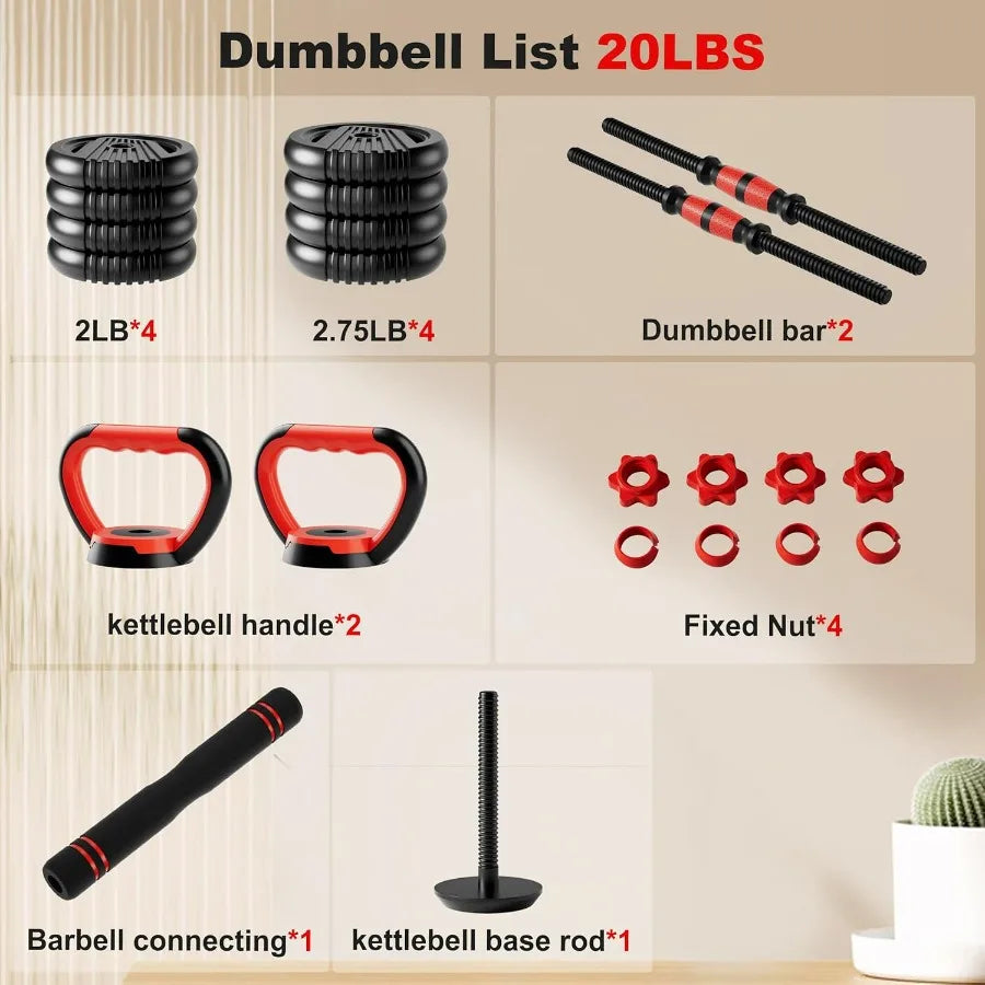 Adjustable Dumbbell Set,20LB(10LB Pair) Free Weight Set with Connector, 4 in1 Dumbbells Set Used as Barbell, Kettlebells, Push u