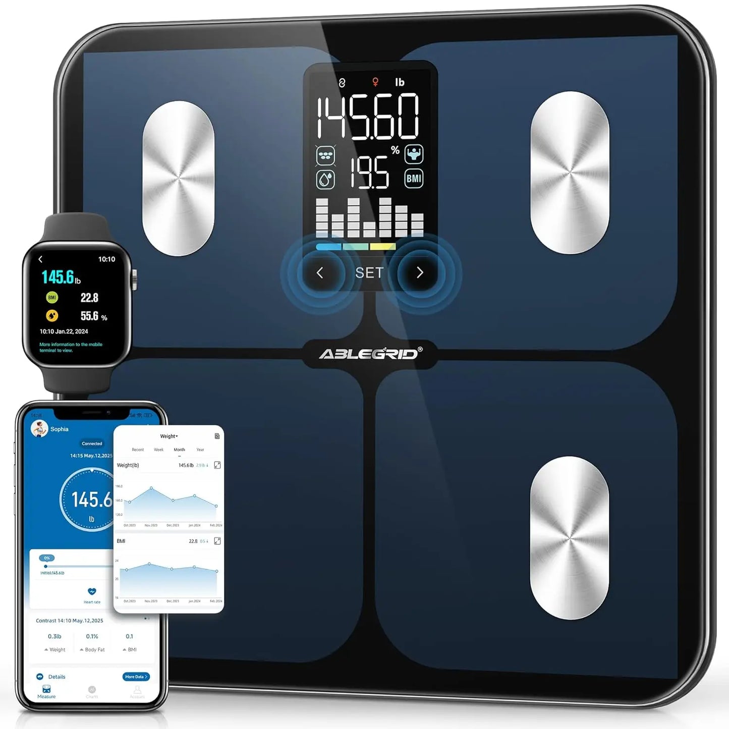 Smart Bathroom Scale for Body Weight, Digital Body Fat Scale with LED Display, BMI, Muscle Mass, 400lb