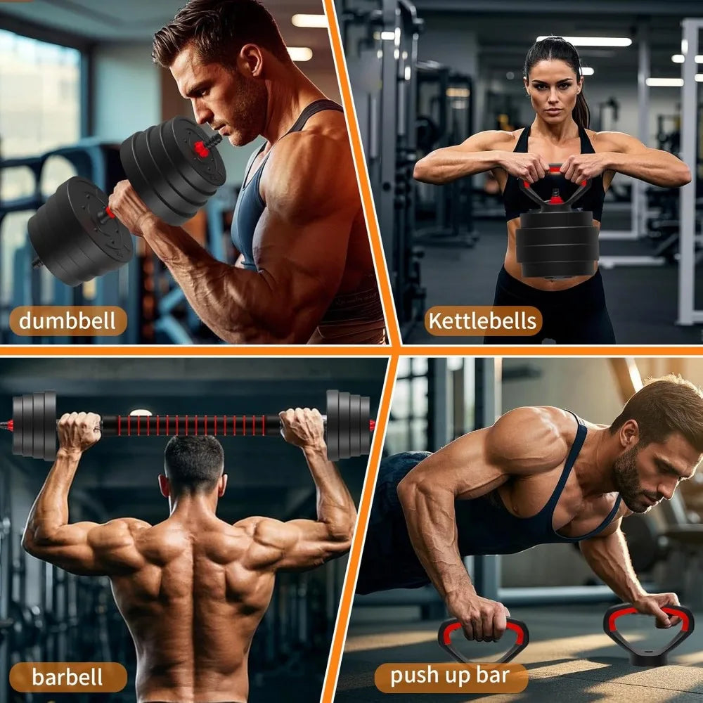 Versatile 4-in-1 Adjustable Dumbbell Set: 25, 45, 75, and 90 LB Weight Options with Barbell and Kettlebell Functionality