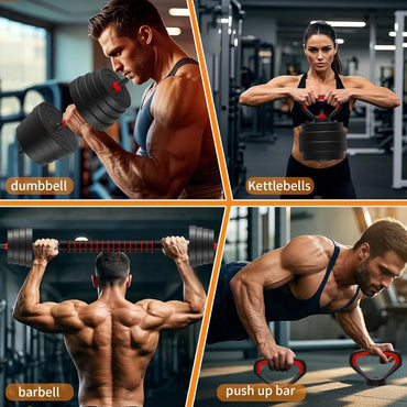 Versatile 4-in-1 Adjustable Dumbbell Set: 25, 45, 75, and 90 LB Weight Options with Barbell and Kettlebell Functionality