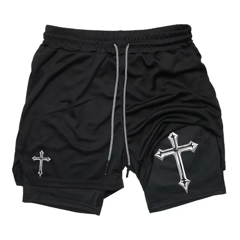 Men's cross printed 2-in-1 training shorts with compression lining Christian gym sports shorts phone pocket towel buckle run