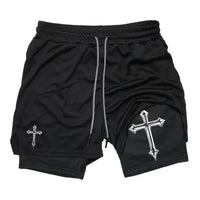 Men's cross printed 2-in-1 training shorts with compression lining Christian gym sports shorts phone pocket towel buckle run