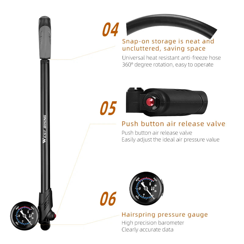 WEST BIKING Portable High-pressure 300psi Bike Air Pump with Gauge for Fork & Rear Suspension Shock Absorber Mountain Bicycle