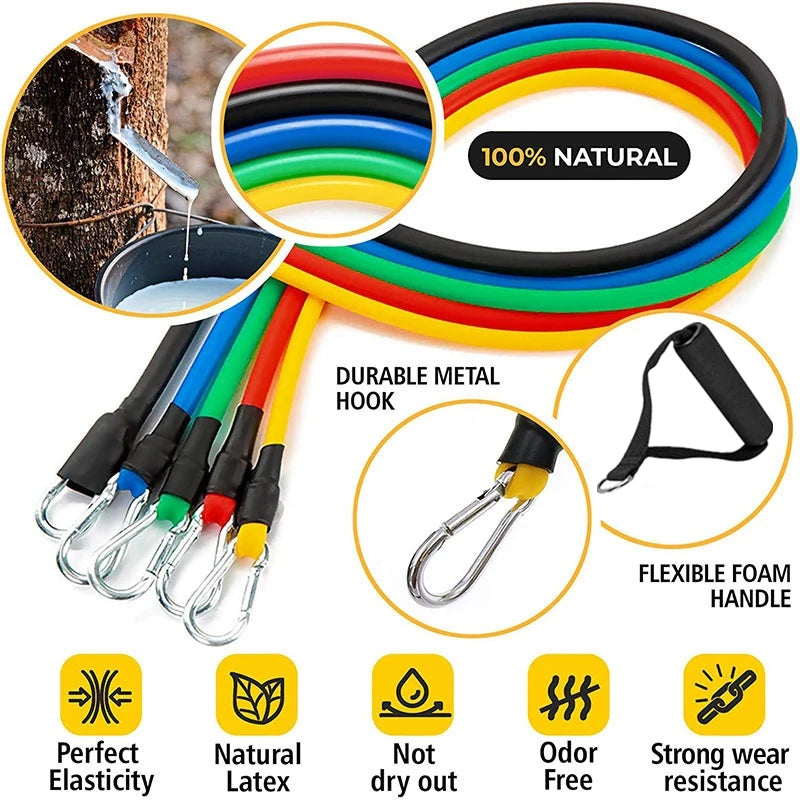 11 Pieces Yoga Resistance Bands Set Power Rubber Elastic Tube Expander Home Gym Fitness Workout Exerciser Pull Up Strength Ropes