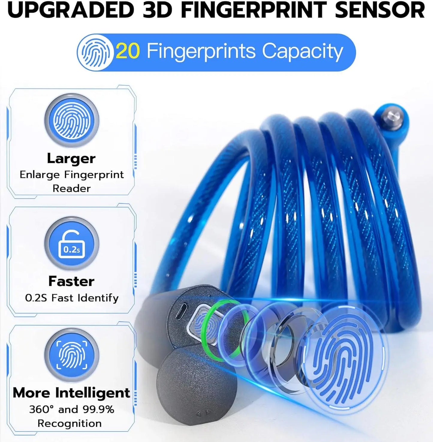 Fingerprint Cable Lock, 4.9FT Heavy Duty Anti-Theft Smart Bike Lock, Keyless Biometric Bluetooth App Lock for Bicycle Scooter