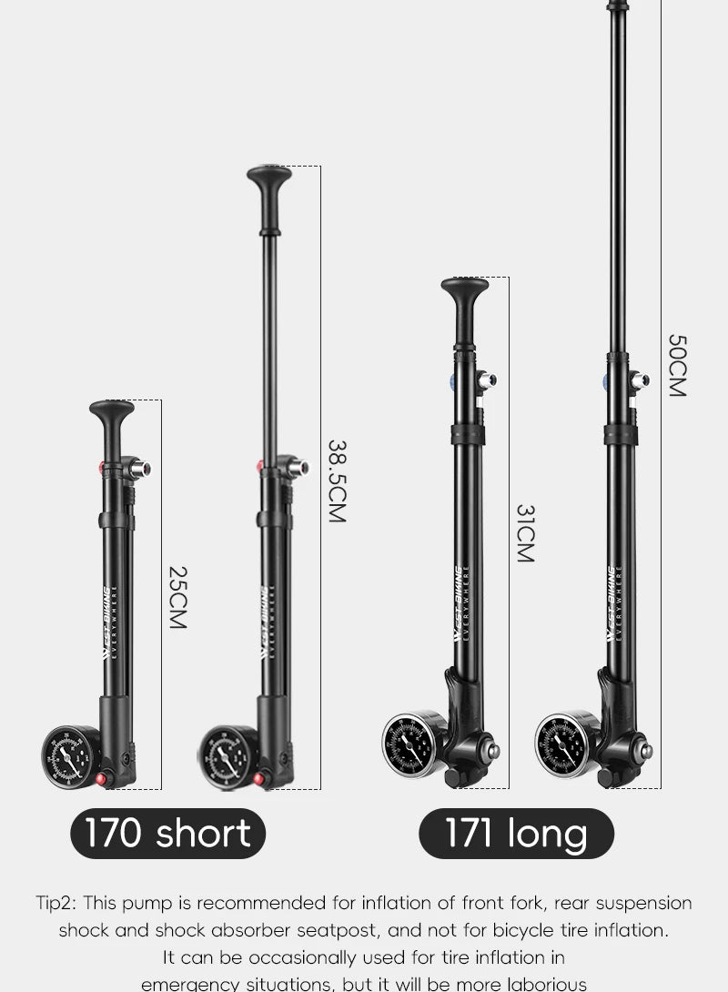 WEST BIKING 400PSI Bicycle Air Pump High Pressure MTB Bicycle Pump Front Fork Rear Suspension Pressure Gauge Schrader Valve