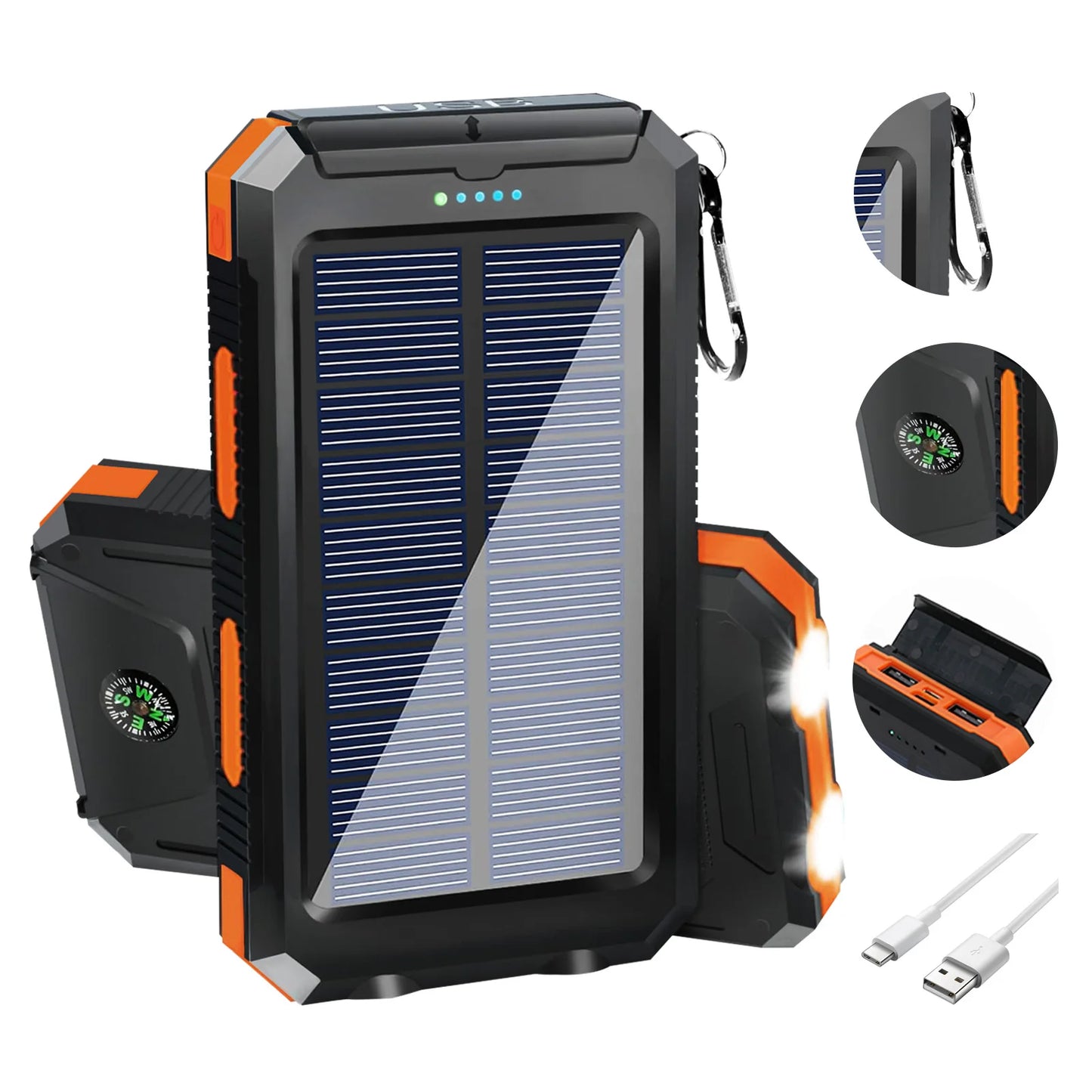 20000mAh Solar Charger Waterproof Portable Solar Power Bank Dual 5V USB Ports 2 LED Flashlight Compass for Outdoor Camping Hik