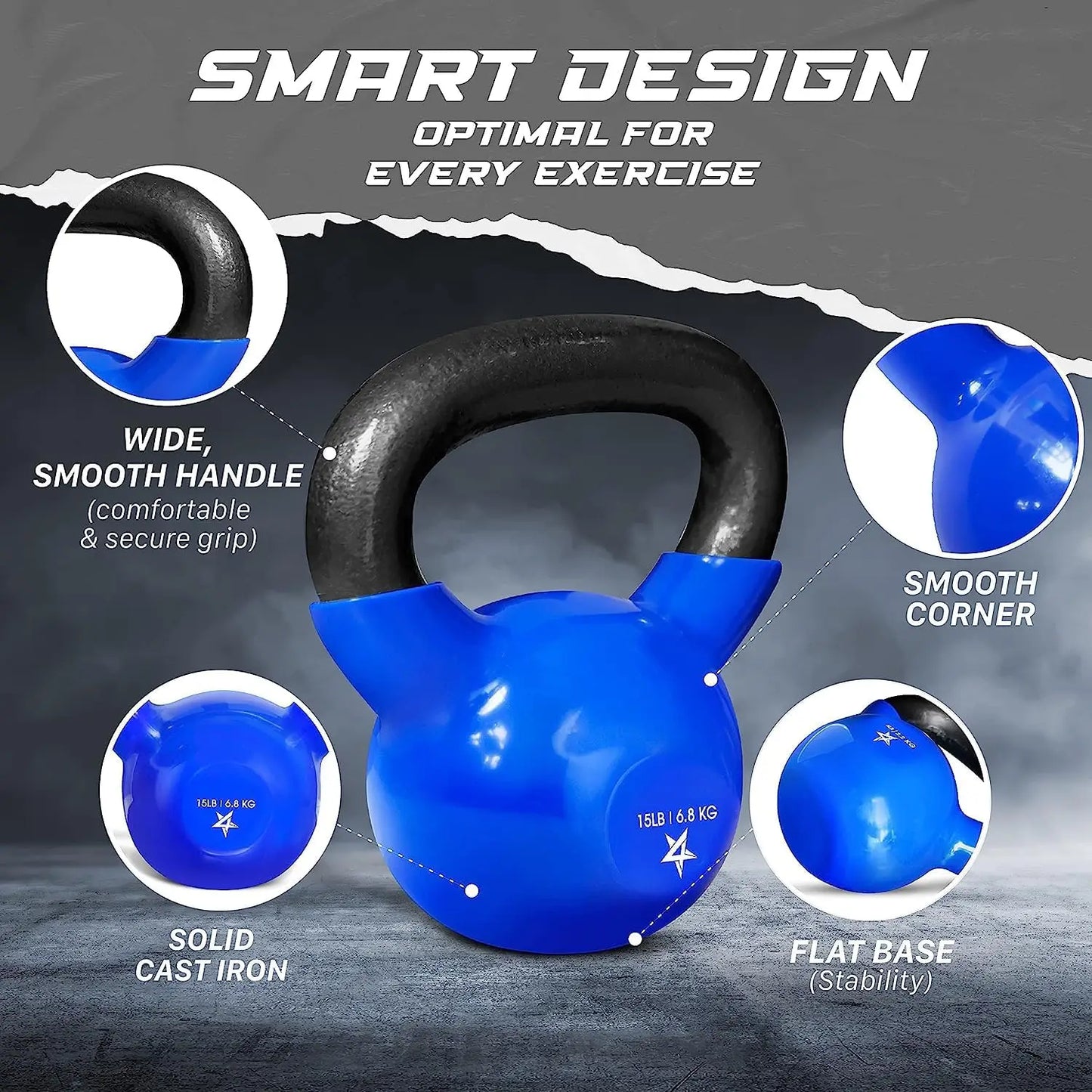 15lbs Kettlebells Vinyl Coated Cast Iron for Dumbbell Weights Exercises, Gym, Fitness, Full Body Workout Equipment Push up, Gr