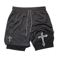 Men's cross printed 2-in-1 training shorts with compression lining Christian gym sports shorts phone pocket towel buckle run